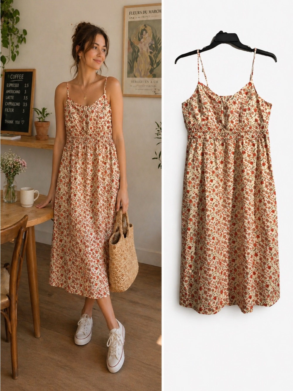 Old Navy Beige Midi Dress With Multicolored Orange Floral Print